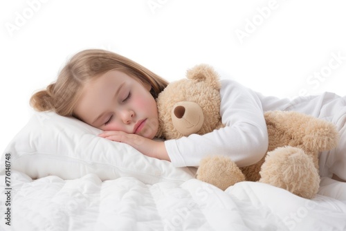 Cute little girl sleeping in bed with teddy bear, isolated on white