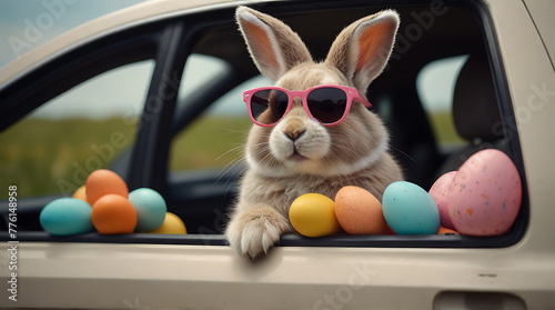 A Cute Easter Bunny with sunglasses looking out of a car filed with colorful easter eggs, smart