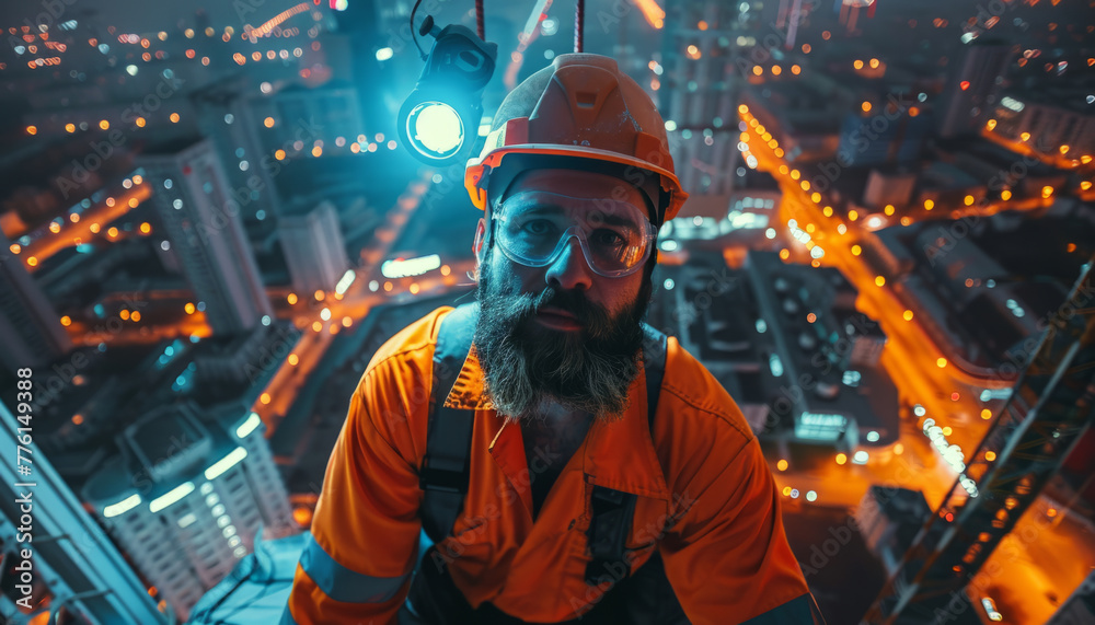 A foreman in a helmet and glasses, a working supervisor for the construction of houses and skyscrapers against the backdrop of a big city.