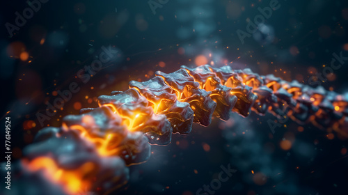 3D rendering of a human spine with pain radiating from back to front. In the background is blurred light in a dark blue color, the body looks like an x-ray 