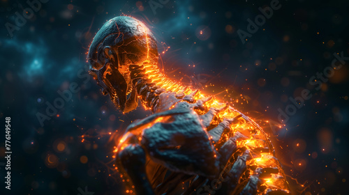 3D rendering of a human spine with pain radiating from back to front. In the background is blurred light in a dark blue color, the body looks like an x-ray  © Ummeya