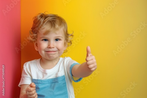 a toddler giving a thumbs up on color background