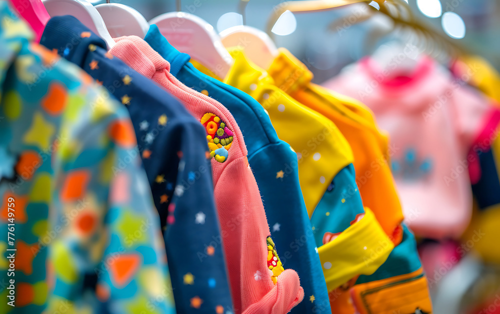 Colorful kids clothes on hangers blured background. Generative ai