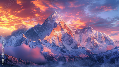 A mountain range with a pink and orange sky in the background
