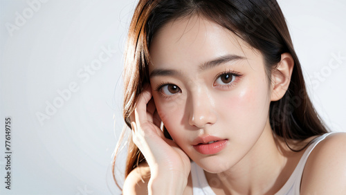 beautiful Korean girl, good skin, black hair, white background, skin care