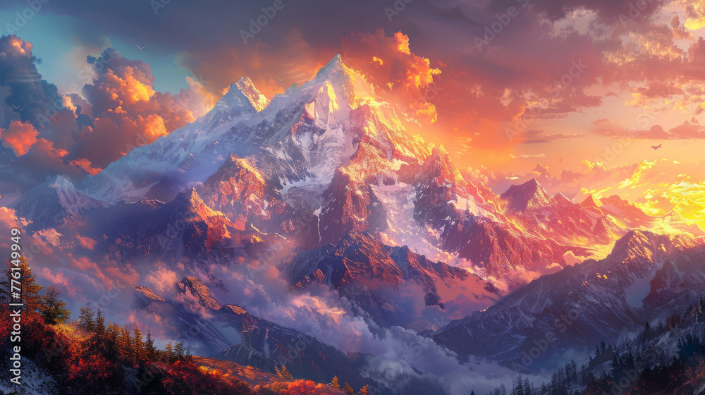 A mountain range with a bright orange sky in the background