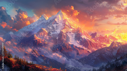 A mountain range with a bright orange sky in the background © jr-art