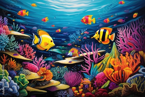 An underwater scene with brightly colored tropical fish illustration, Ai generated © Tanu
