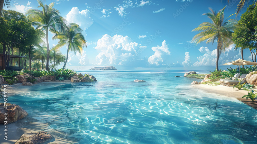 A beautiful beach with a clear blue ocean and palm trees