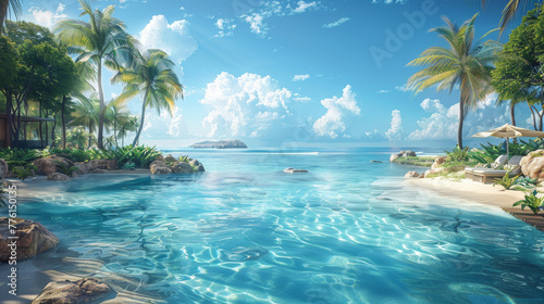 A beautiful beach with a clear blue ocean and palm trees photo
