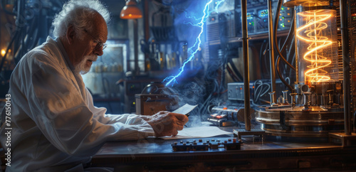 A scientist physicist and mathematician conducts experiments with electricity in the laboratory.