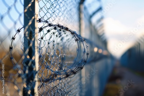 Barbed and razor wire fence. Fencing the state border against immigration photo