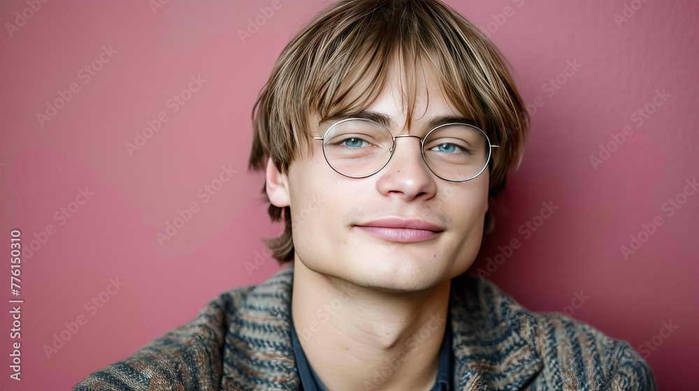 The young man's glasses add an element of maturity to his youthful appearance.