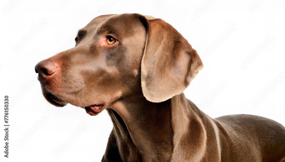 Weimaraner - Canis Lupus familiaris - dog breed with great disposition and a grey gray color coat. head and face with floppy ears isolated on white background