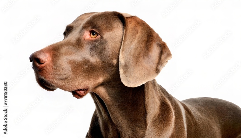 Weimaraner - Canis Lupus familiaris - dog breed with great disposition and a grey gray color coat. head and face with floppy ears isolated on white background Weimaraner - Canis Lupus familiaris - dog breed with great disposition and a grey gray color coat. head and face with floppy ears isolated on white background