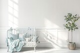 Horizontal Inviting Minimalist Nursery Decor with Neutral Palette, Baby Crib, and Sunlight