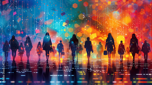 A colorful glowing cityscape with people in silhouette walking. 