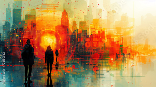 A colorful glowing cityscape with people in silhouette walking. 
