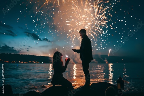 A couple of individuals stand next to each other near a beautiful body of water, with one person looking out at the view, A man proposing to his girlfriend under a fireworks display, AI Generated photo