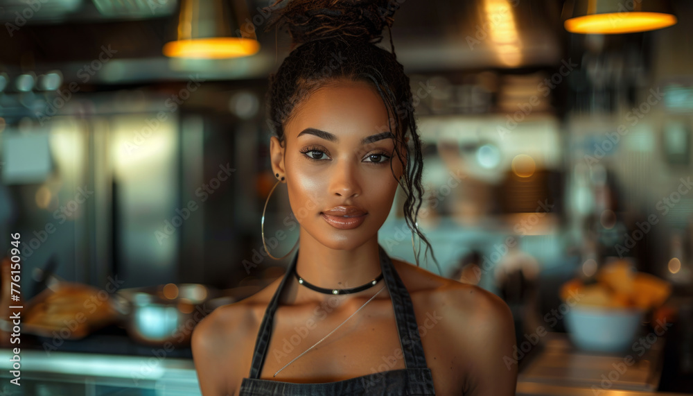 Portrait of an American dark-skinned woman chef in the kitchen. Portrait of an American dark-skinned woman chef in the kitchen.