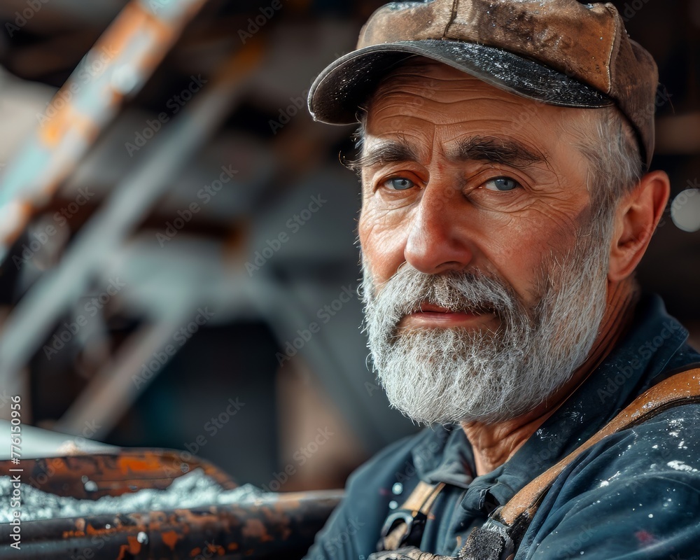 Fototapeta premium A man with a beard and a hat is smiling. He is wearing a black shirt and a vest