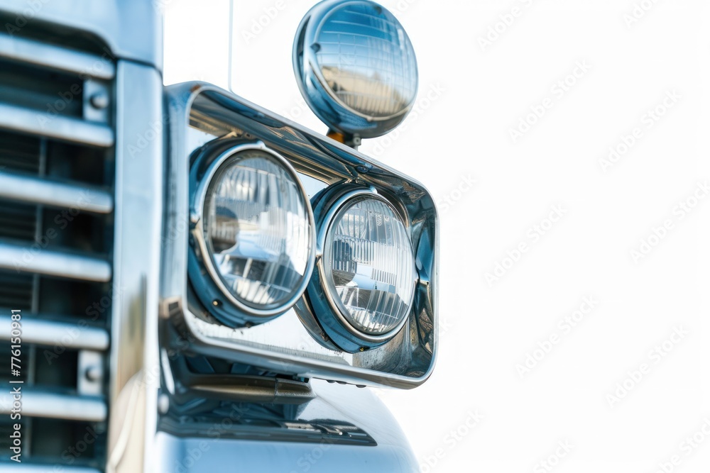 Closeup on headlight of a generic and unbranded truck car on a white background