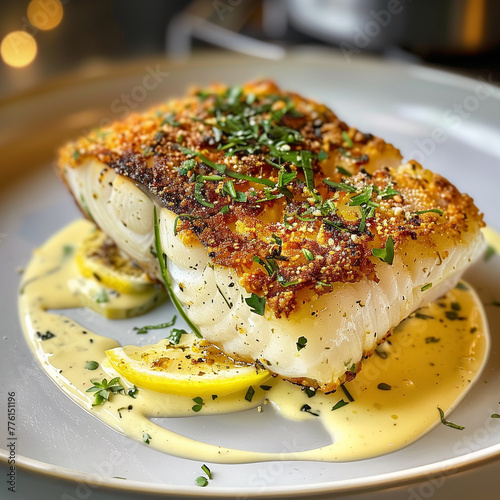 Glossy herb-crusted Chilean Seabass, with a delicate golden crust, bright lemon aioli drizzle, served on a modern round white plate. photo