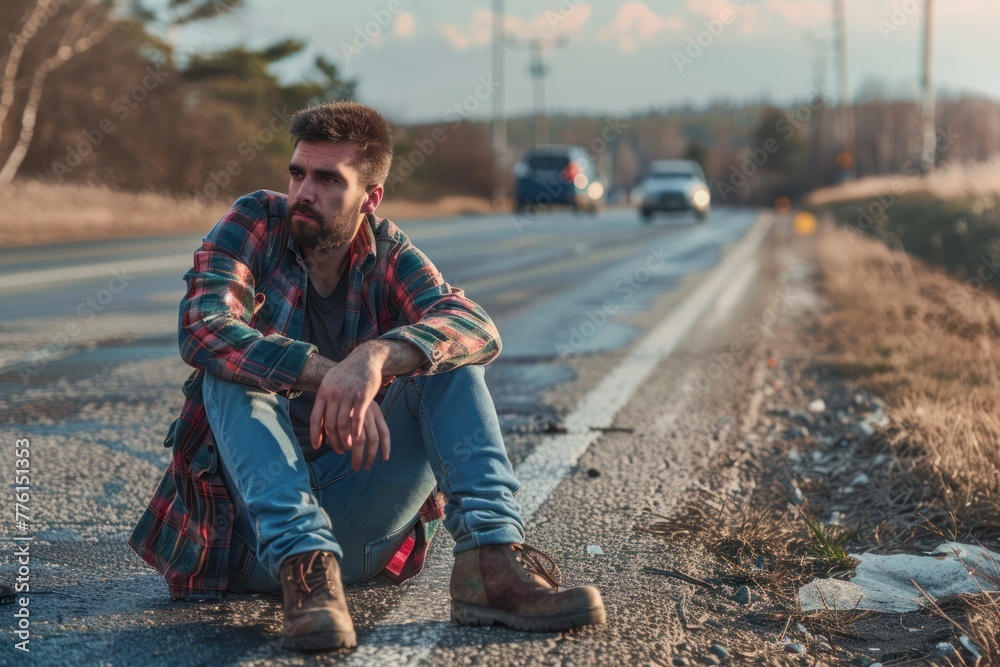 Desperate man sitting on the side of the road after a car accident