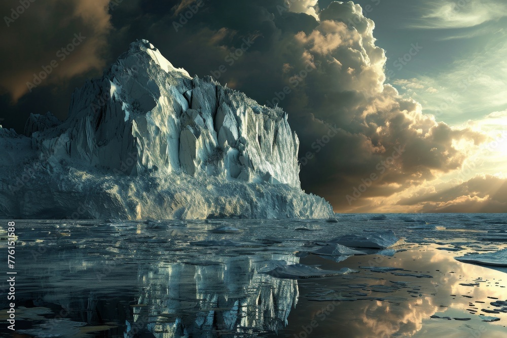 A large iceberg remains afloat on the calm surface of a vast body of water, A melting landscape as a metaphor for global warming, AI Generated