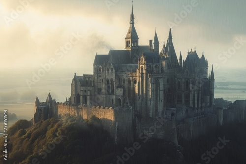 A majestic castle sits atop a hill  offering a commanding view of the surrounding body of water  A medieval castle with towering spires  AI Generated