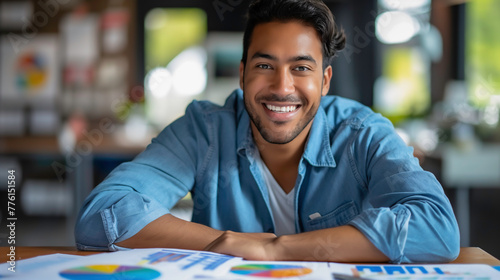 Smiling marketing expert man while making marketing plan along with documents containing marketing charts and graphs scattered across their desk.