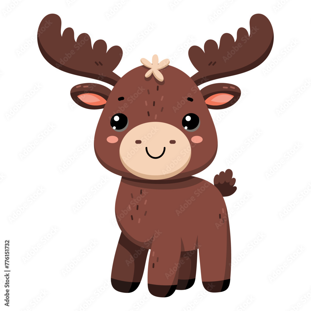 Cute happy little funny elk. Сute autumn forest animal isolated on white background. Flat vector illustration. Fall season stickers and clipart. Cute happy little funny elk. Сute autumn forest animal isolated on white background. Flat vector illustration. Fall season stickers and clipart.