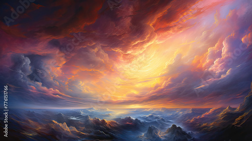 A chaotic sunset with swirling clouds and vibrant hues, resembling a powerful storm or a celestial event Ai Generative