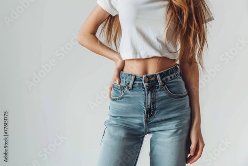 female model wearing skinny jeans - white studio background