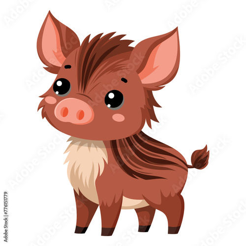 Cute happy wild boar, little boar, funny aper. Сute autumn forest animal isolated on white background. Flat vector illustration. Fall season stickers and clipart.