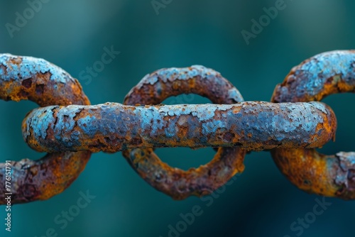 A photo featuring a rusted metal chain set against a vibrant green background, A micro shot of an old rusted chain, AI Generated photo