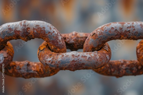 A photograph capturing a rusted metal chain against a backdrop of rusted surfaces, A micro shot of an old rusted chain, AI Generated