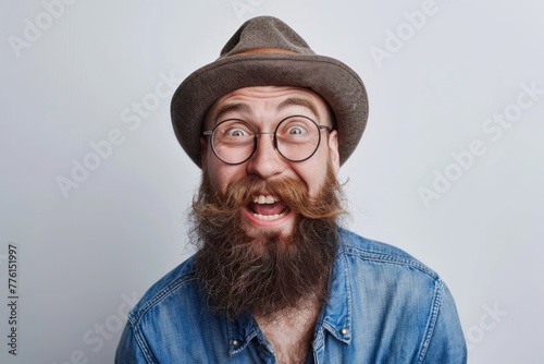 Funny weird smiling bearded man Isolated on white background
