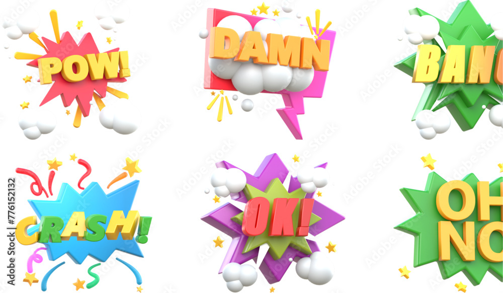 3d Comic Effect Shape collection with Cartoon and Doodle Design. Isolated 3d Vector	
