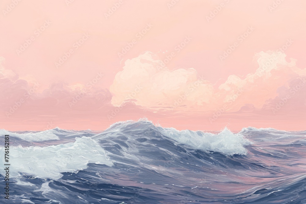 This painting depicts a vast expanse of water, capturing the immensity and grandeur of the body of water, A minimalist depiction of ocean waves under a pastel sky, AI Generated