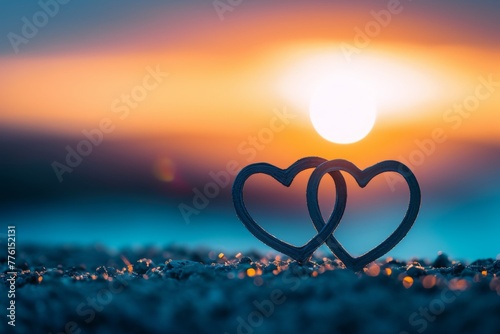Two Hearts Resting on Sandy Beach, A minimalist, abstract image of two intertwined hearts against a sunset skyline, AI Generated