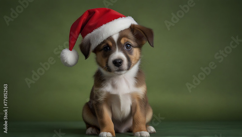 An Adorable puppy in Christmas holiday costume and Santa's hat isolated on a green studio background with copy space, hat © Prateek