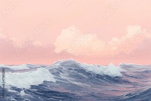 This painting depicts a vast expanse of water, capturing the immensity and grandeur of the body of water, A minimalist depiction of ocean waves under a pastel sky, AI Generated
