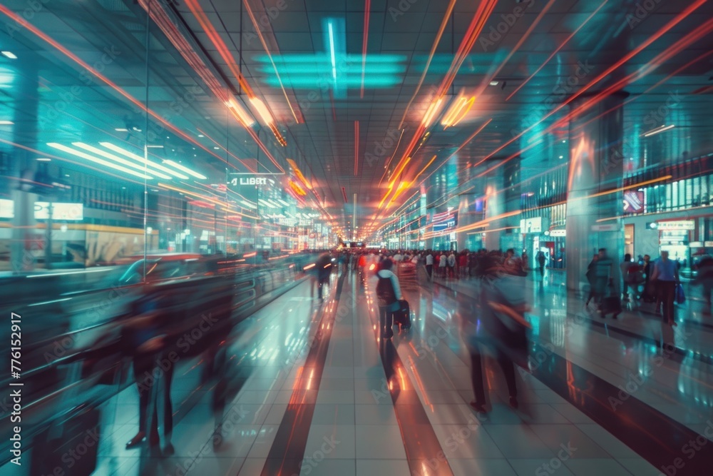 Long exposure photo of a bustling customs area motion blured - obrazy, fototapety, plakaty 
