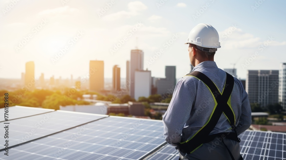 An engineer inspecting renewable energy setup with modern city skyline and vehicles An engineer inspecting renewable energy setup with modern city skyline and vehicles