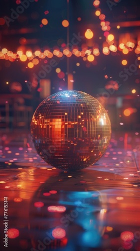 Glowing disco ball in a hyper-realistic club scene  with sparkling bokeh lights reflecting off mirrored surfaces