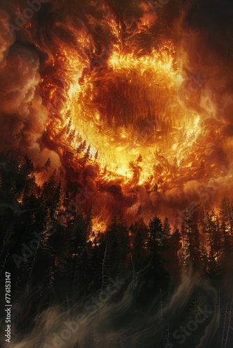 Hyper-realistic depiction of a fireball illuminating a night sky, with dense black smoke following