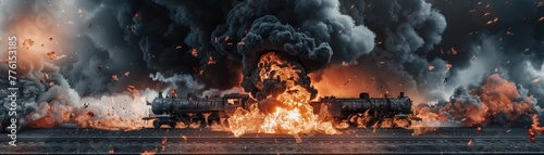 Hyper-realistic fireball with black smoke rising from a catastrophic train derailment