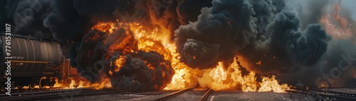 Hyper-realistic fireball with black smoke rising from a catastrophic train derailment photo