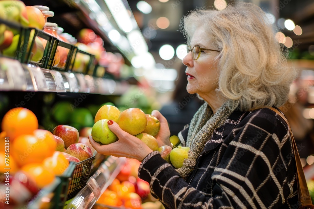 Mature beautiful woman shopping in grocery store select fruits